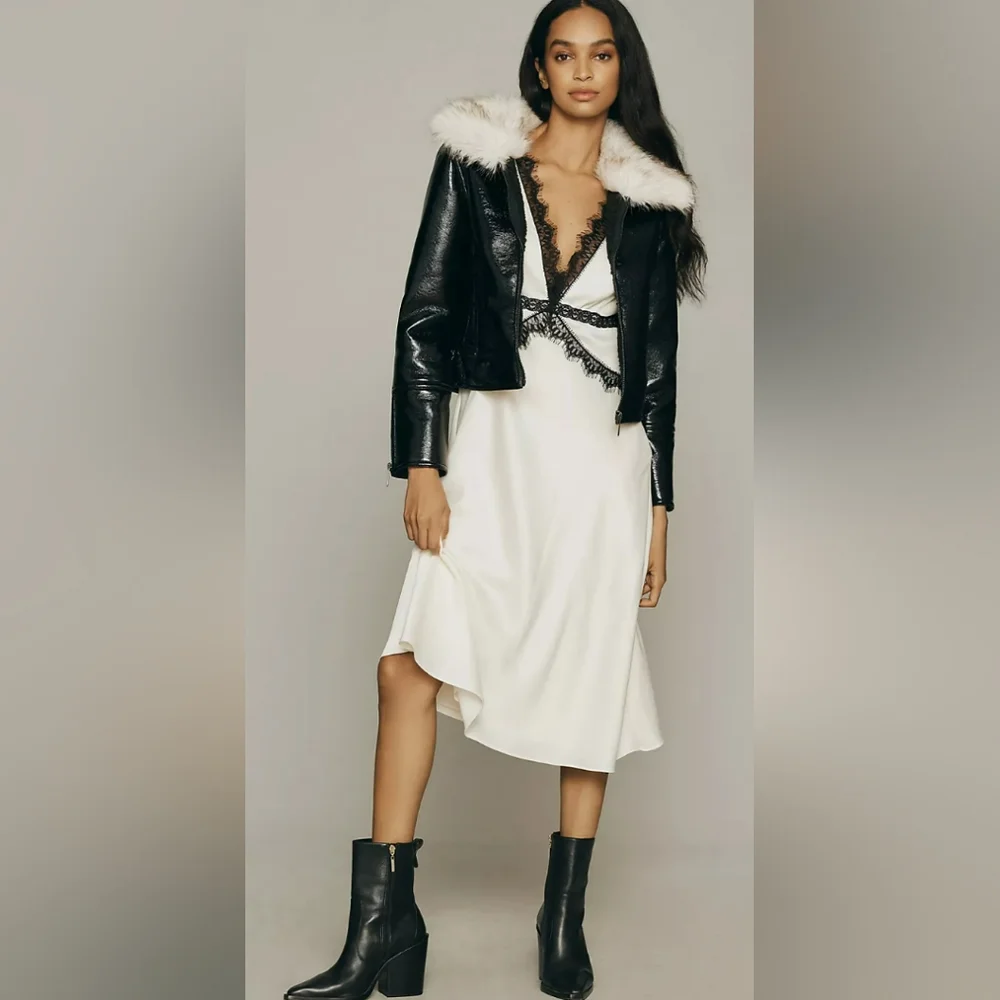 UNREAL FUR Wet Look Black Moto Jacket-NWT-SzM. NWOT- high end boutique/ PATENT - Picture 5 of 10